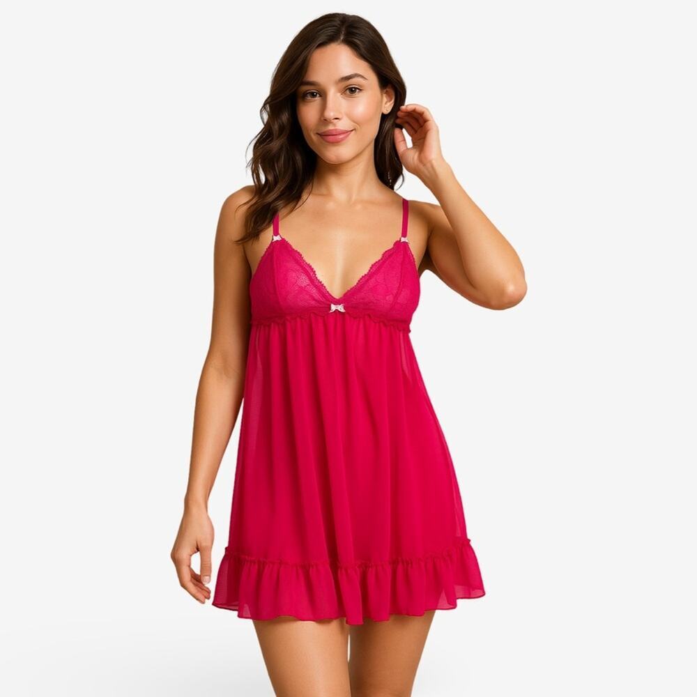 Y2K Betsey Johnson Intimates Sheer Babydoll Lingerie Hot Pink Vintage Size Small - Picture 8 of 8